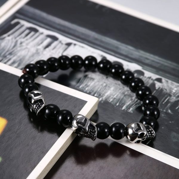 Flongo Bracelet Charme pour Homme Garçon, Bracelet Perles Boules Verre Acier Inoxydable Tête de Mort Crâne Couleur Argent Noir Fantaisie Cadeaux Anniversaire Noël Halloween – Image 3