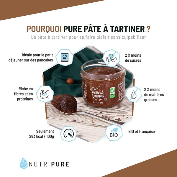 Pure Pâte A Tartiner Bio ??Noisette et cacao équitable ??Vegan ??-50% de calories ??Sans sucre ajouté, sans huile de palme, sans conservateurs ou additifs ??220G ??Made in France ??NUTRIPURE – Image 4