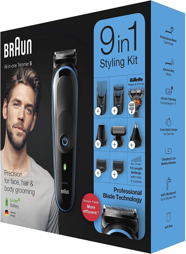 Braun 5 Tout-En-UnTondeuse Électrique Homme Cheveux Et Corps, Noir/Bleu, 9-En-1 Avec 7 Accessoires Et Moteur Adaptif, Conçue Pour Durer 2 Fois Plus Longtemps, MGK5280