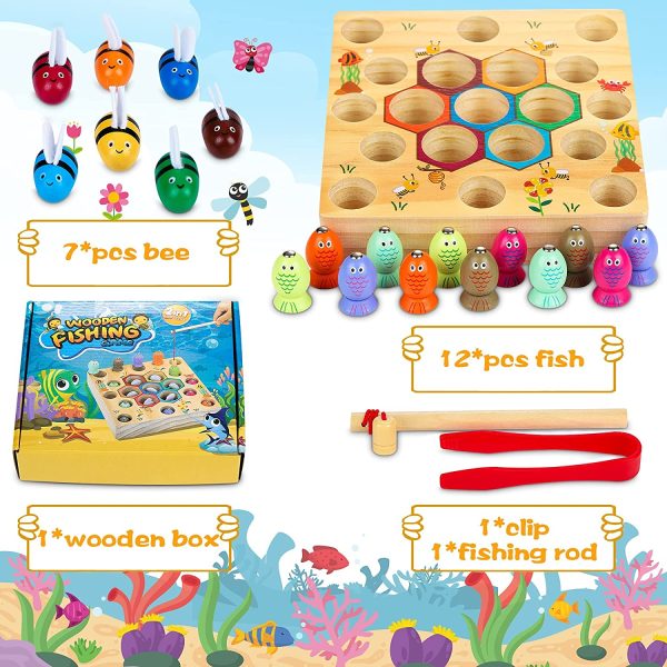 Jouets en Bois Jeu de pêche(Brevet Autorisé),Jouet Enfant Montessori 2 en 1,Compétences Fines,Poisson et Abeille pour Bébés Cadeau – Image 5