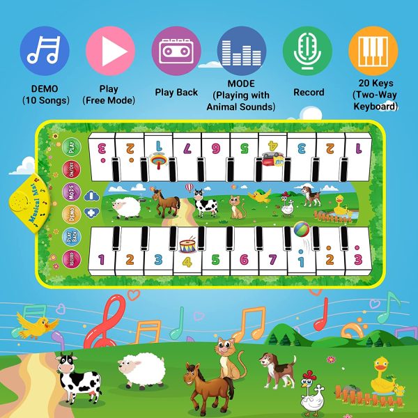 RenFox Tapis Musical Enfant, Tapis de Piano avec Double Clavier, 20 Touches, 8 Sons d'animaux et 10 Chansons pour Garçons Filles 1 2 3 Ans, Cadeaux de Noël et d'anniversaire Idéaux – Image 4