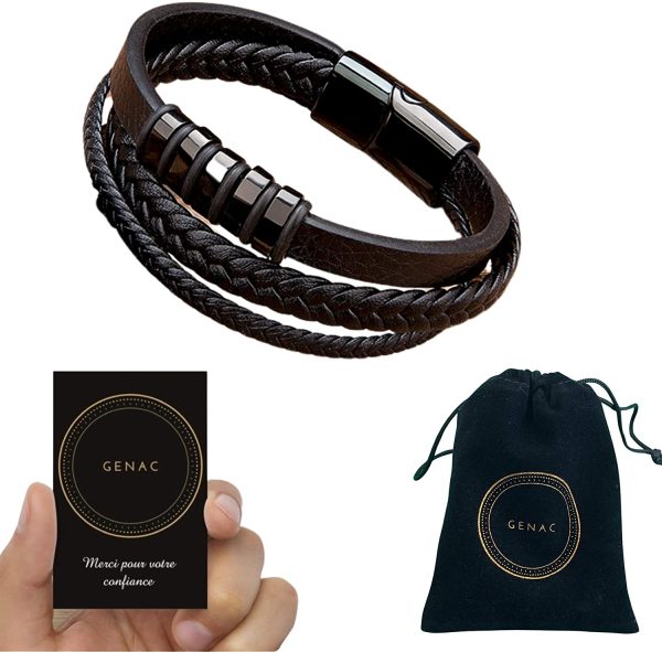 GENAC Bracelet Pour Homme En Cuir Véritable De Haute Qualité Et Acier Inoxydable Avec Fermoir Magnétique Amovible Pour Régler Facilement La Longueur Le Bijou Parfait Pour Une Super Idée Cadeau