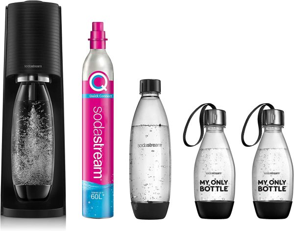 sodastream Pack Machine à Eau Pétillante et Soda Terra Noire, 1 Bouteille FUSE Lave-Vaisselle 1L, 2 Bouteilles My Only Bottle 0,5L et 1 Cylindre de CO2 60L Quick Connect à Clipser [Amazon Exclusive]