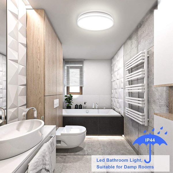 Plafonnier Salle de Bains 20W,  Plafonnier Led Rond 4000K Blanc Naturel, Luminaire Plafonnier Sans Scintillement Plafonnier IP44 Étanche Lampe 1850LM pour Salle de Bain Cuisine Balcon Couloir