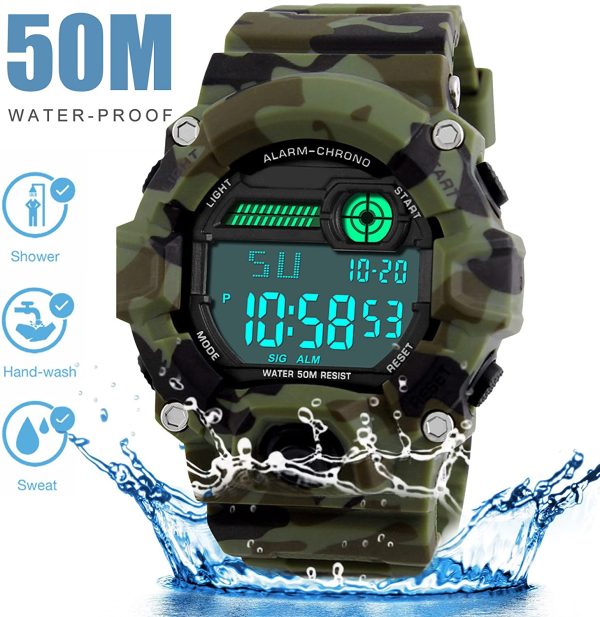 Enfants numériques Montres, Montre Militaire de Sports de garçons avec l'alarme/minuterie, étanche à 5 Barres pour Enfants Adolescents Camouflage électronique Montre Bracelet pour garçons par BHGWR – Image 2