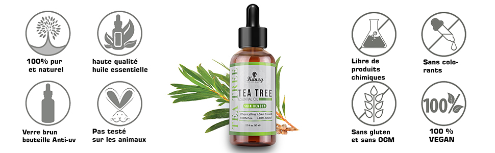 Kanzy Tea Tree Huile essentielle pure bio pour les ongles de la peau des cheveux visage et corps