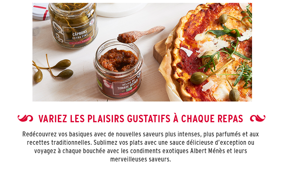 Albert Menès, épiceries fines, pour cuisiner, Tomate Séchée, Ail Doux, Confit d'Ail Noir, Curry