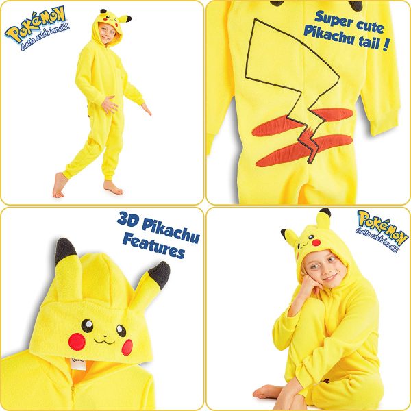 Pokemon Combinaison Pyjama Enfant Pikachu, Surpyjama Grenouillère en Polaire avec Oreilles 3D