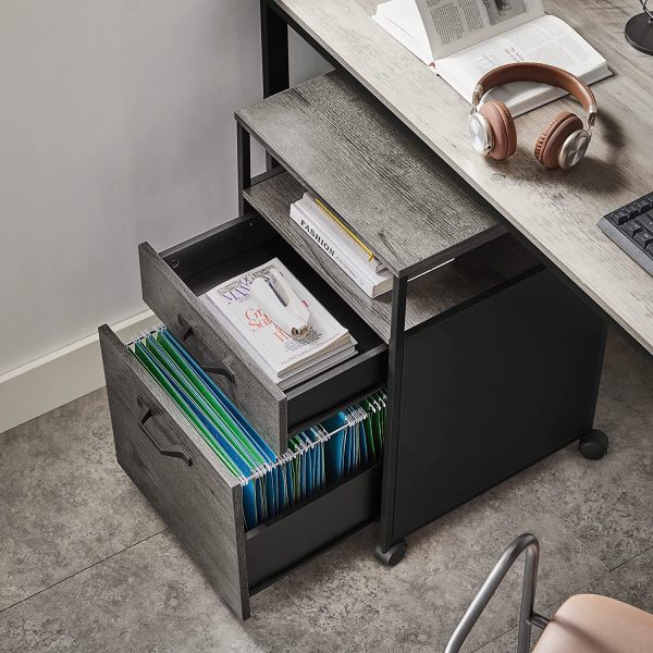 Caisson de Bureau 2 tiroirs, Placard de Rangement Mobile, avec roulettes, Emplacement Ouvert, Style Industriel, Gris Anthracite et Noir OFC071B04 – Image 6