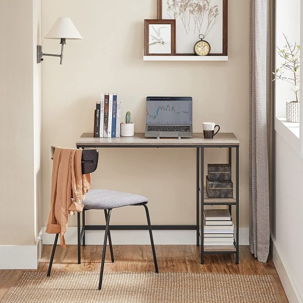 Bureau Informatique, Table avec Rangement, avec Étagère à 2 Niveaux à Gauche ou à Droit, pour Bureau, Salon, Cadre en Métal, Style Industriel, Grège et Noir LWD046B02