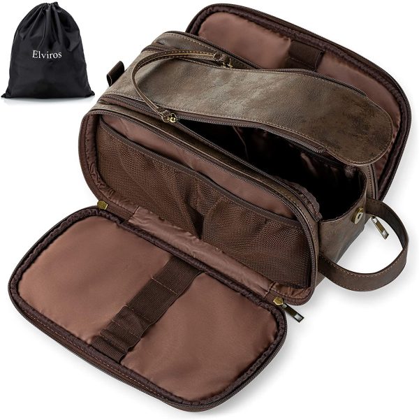 Elviros Trousse de Toilette pour Homme avec Grande Capacité, Trousse de Maquillage avec Imperméable PU, avec Sac Étanche, 24 x 15 x 16 cm, Brun Chocolat – Image 3