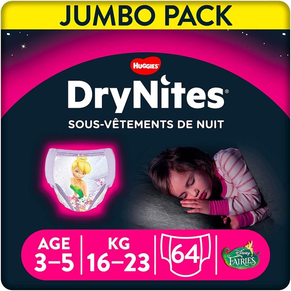 Huggies DryNites, Sous-vêtements de nuit absorbants jetables, Pour filles, Taille : 3-5 ans, 64 culottes – Image 2