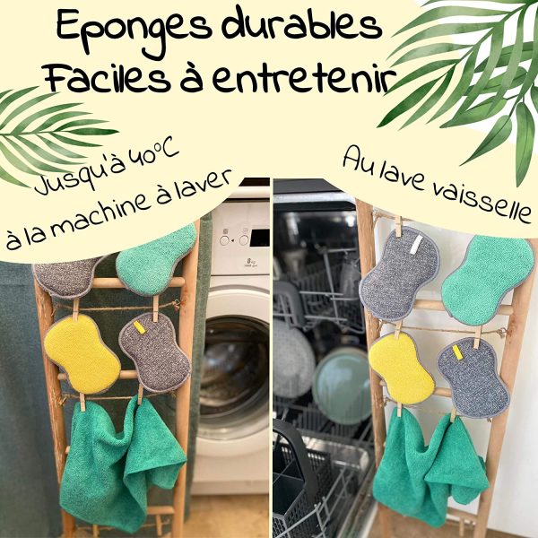 Lot 6 éponges lavables en Microfibres antibactériennes + 3 Chiffons Microfibre réutilisable Offerts! Tampons à récurer la Vaisselle, poeles, poelons, Pots sans Rayures. Eponge Lavable réduire dechets – Image 3