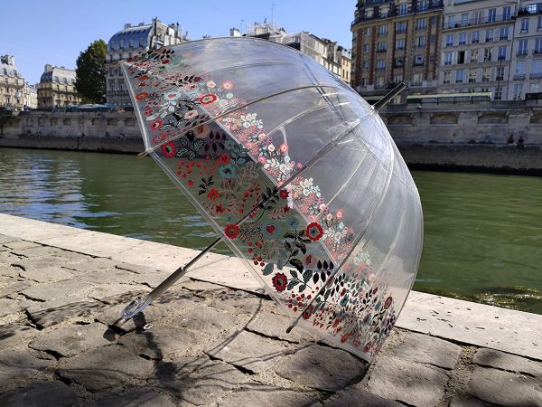 SMATI Parapluie Long Transparent ??Forme Cloche ; Solide ; Ouverture Automatique ; Diamètre=85cm ; Poignée Transparente ; Parapluie Femme ; Dentelle colorée