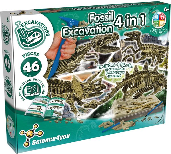 Science4you - Kit de Fouille de Fossiles 4 en 1 pour enfants 5 6 7 8 9 10 Ans - Excaver et assembler 4 dinosaures, 46 pièces: T-Rex, Triceratops, Velociraptor et Stegosaurus - Jouet Idéal pour Filles et Garçons – Image 4