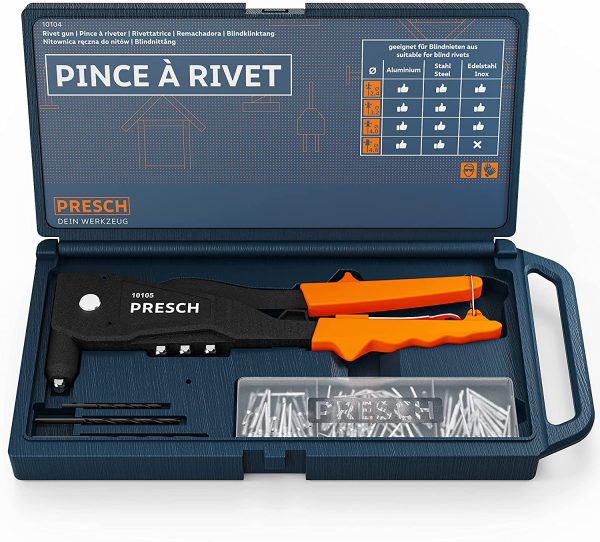 Presch pince à rivet pour rivets aveugles - 79 pièces en coffret - Avec 75 rivets, forets HSS adaptés et clé de montage avec outil de calibrage - Pince a riveter manuelle – Image 4