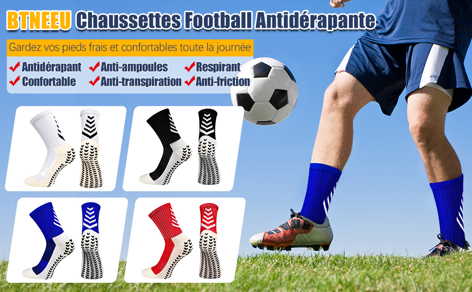 BTNEEU 2 Paires Chaussettes de Football Antidérapantes Chaussettes de Sport Anti-Ampoules