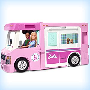 Camping-Car de Rêve 3-en-1 Barbie, environ 90 cm, avec Piscine, Pick-Up, Bateau et 50 Accessoires