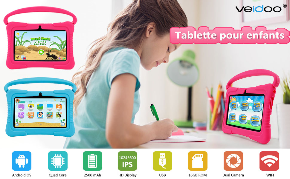 Tablette PC Veidoo pour enfants, 7 pouces Android 10 Quad Core, tablettes pour tout-petits