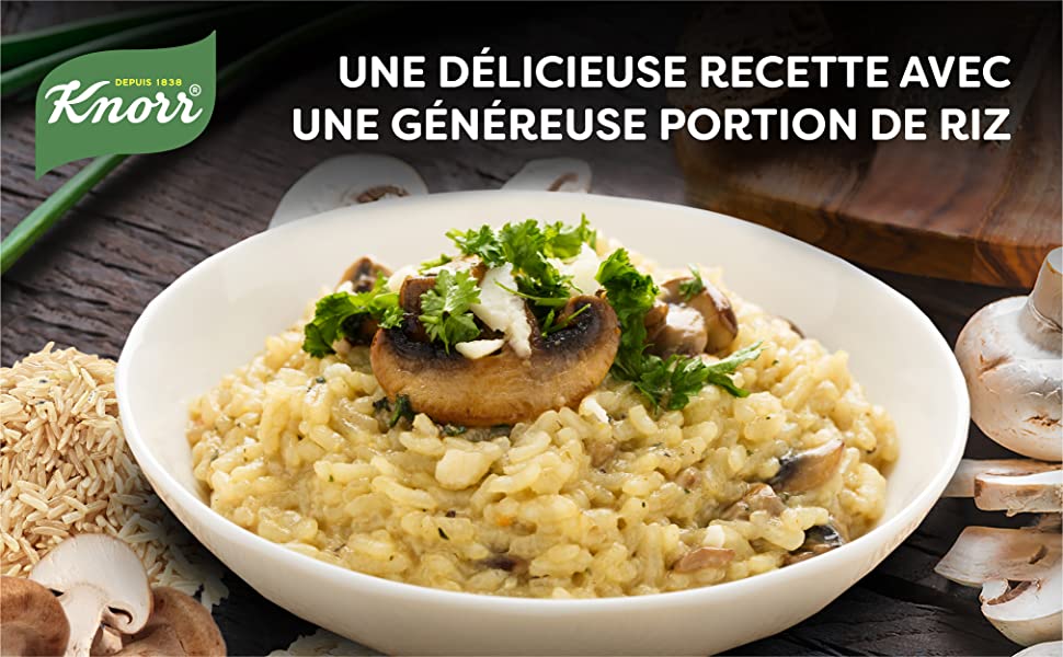 Knorr Plat Déshydraté Riz Pot' Risotto Champignons 75g, recette avec une généreuse portion de riz