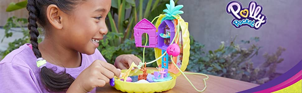 Coffret??Polly Pocket en Forme de Sac à Main Ananas, avec 8 Éléments Amusants