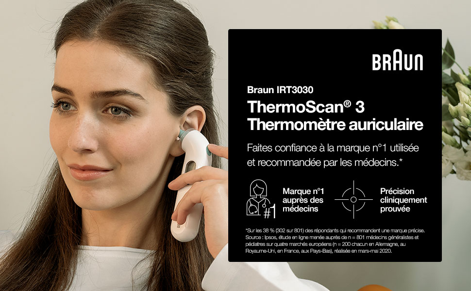 Braun; ThermoScan; Thermomètre; auriculaire; précision professionnelle; simple; 
