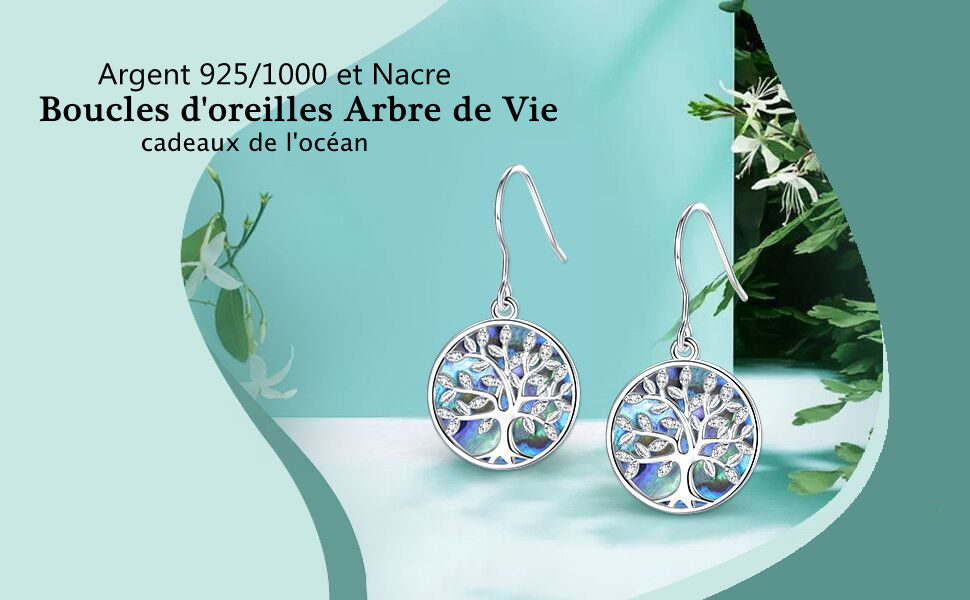  femmes boucles d'oreilles arbre de vie argent sterling 925 nacre