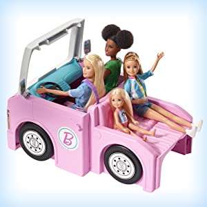 Camping-Car de Rêve 3-en-1 Barbie, environ 90 cm, avec Piscine, Pick-Up, Bateau et 50 Accessoires