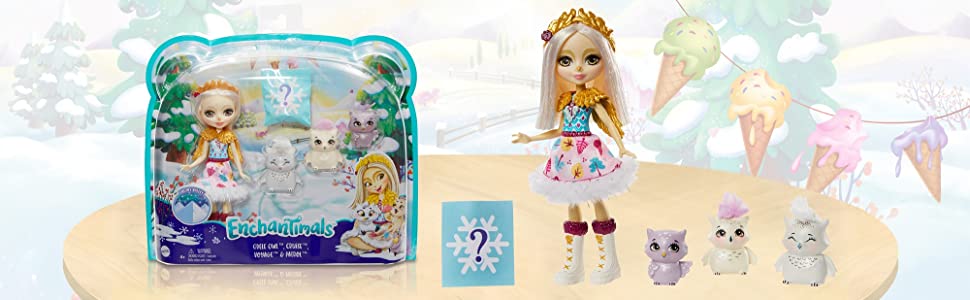 Enchantimals coffret Famille avec mini-poupée Odele Hibou, 3 figurines animales et accessoires 