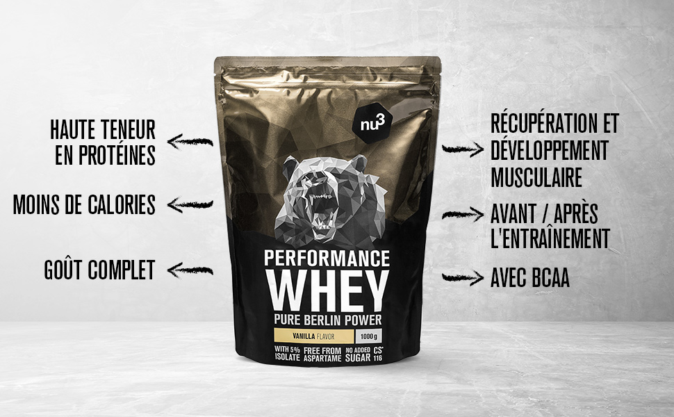 Un sachet de la performance whey nu3 citant: Haute teneur en protéines, calories faible, avec bcaa