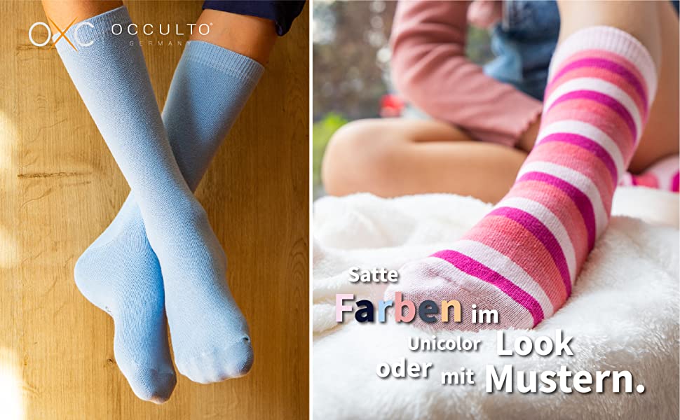 Pour enfant avec chaussettes Occulto bleues et roses.