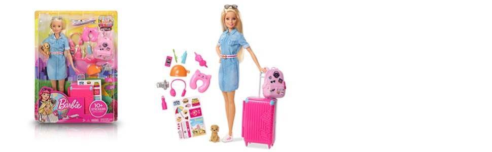 Barbie Voyage poupée blonde avec sa valise et son sac à dos, figurine de chien et autocollants.