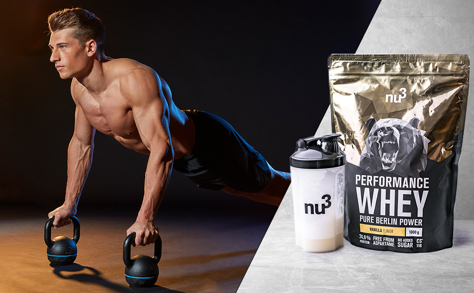 Man doing push ups on weight with our product on the right next to a shaker