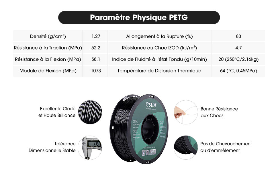 eSUN Filament PETG 1.75mm Imprimante 3D Filament PETG 1KG Bobine Matériel d'impression 3D