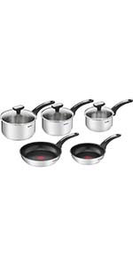 Set de 5 pièces casseroles inox avec couvercle et poêles revêtues Emotion Tefal