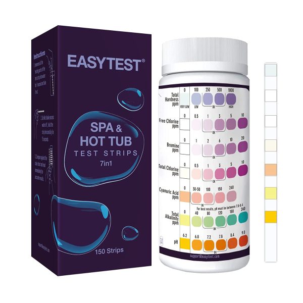 EASYTEST Bandelettes de Test Spa,150 Bandelettes de Test Chimique de l'eau pour Spa Piscine, Test précis de Brome, Alcalinité Totale, PH, Chlore Libre, Dureté Totale, Acide Cyanurique et Chlore Total