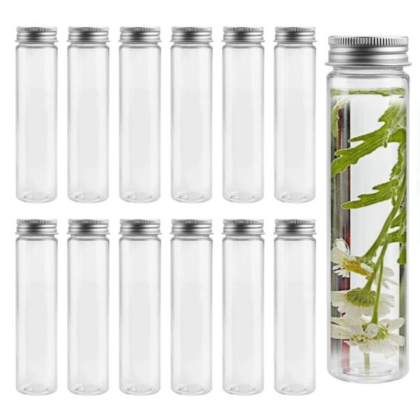 LYTIVAGEN 12 PCS Tubes à Essai en Plastique Transparents avec Bouchon à Vis Bouteille Sensorielle Vide Réutilisable Cadeau de Tube à Essai avec Couvercle pour Fleurs, Bonbons, Épices, Lotions, 110 ml