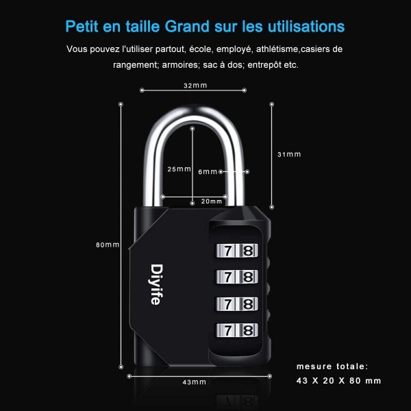 Cadenas à Combinaison à 4 Digit, Serrure Combinée, Métal étanche et Fermoir Combiné en Acier Plaqué (Un Pièces) - Noir – Image 7