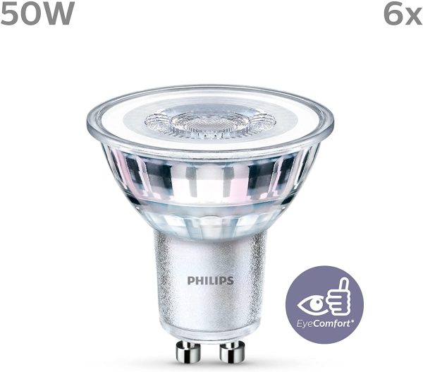 Philips ampoule LED Spot GU10 50W Blanc Chaud, Verre, Lot de 6