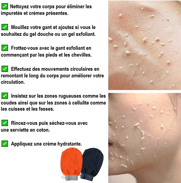 2X Gant Exfoliant, Gant De Crin, Gant Kessa, Hammam, Gommage naturel Et Efficace, Corps Et Visage Femme Et Homme, Nettoie Et Purifie La Peau Et Élimine Les Cellules Mortes, avec ou sans Savon Noir – Image 3