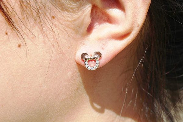 Findout F1784 Boucles d'oreilles creuses plaquées or rose et argent sterling avec cubes de zircons Motif Mickey Mouse Blanc – Image 5