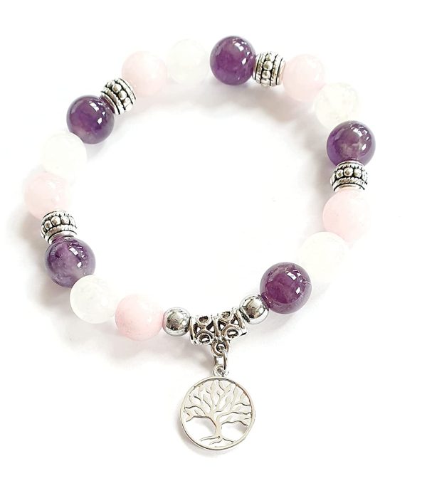 Bracelet lithothérapie, pierres de lune, améthyste, quartz rose, douceur,amour, amitié, calme du foyer – Image 2