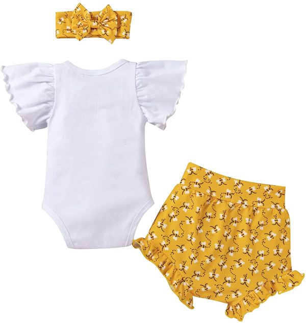 FYMNSI Tenue de Vêtements pour Bébé Nouveau-né Filles Ete Ensemble, Manche Courte Body Barboteuse et Short Imprimé Fleur et Bandeau 0-18 Mois – Image 7