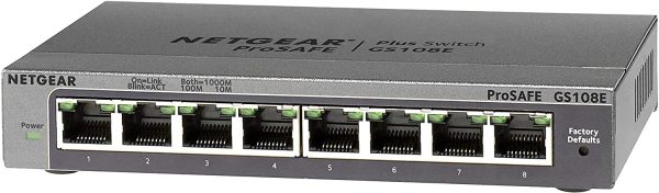 NETGEAR (GS108E) Switch Ethernet Plus 8 Ports RJ45 Métal Gigabit (10/100/1000), switch RJ45 Manageable Serie Plus Bureau ou Rackable, Métal, Silencieux , Protection ProSAFE à Vie, idéal pour PME/ TPE