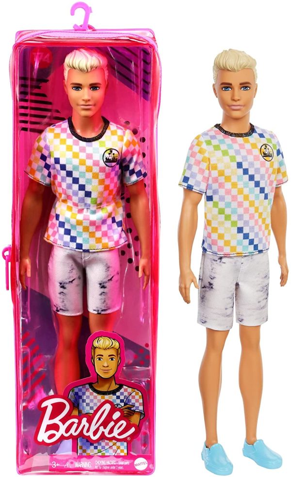 Barbie Fashionistas poupée mannequin Ken blond avec un tee-shirt à carreaux et un bermuda, jouet pour enfant, GRB90 – Image 6