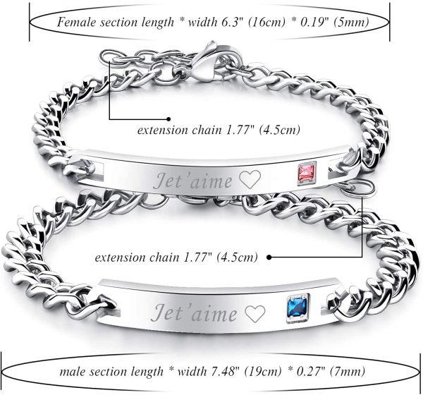 Flongo 2PCS Bracelets Acier Inoxydable Je T’Aime Chaînes de Main pour Couples Amoureux Femme Homme Couleur Argent Cadeaux Romantiques Saint Valentin Mariage – Image 2