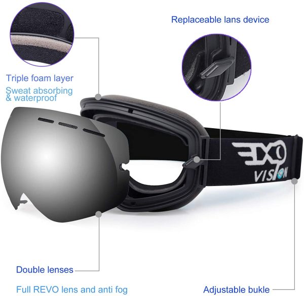 EXP VISION Masque de ski pour homme et femme - Protection 100 % UV400 - Anti-buée sur les lunettes - Lunettes de neige avec écran sphérique amovible – Image 5