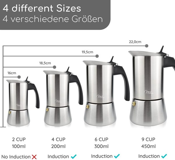 cafetière Italienne (2 Tasses Non Induction) | 2, 4, 6, 9 Tasses | Cafetière Moka en INOX, Espresso Maker, Ensemble comprenant un sous-verre, une cuillère, un pinceau (2 tasses 100ml) – Image 4