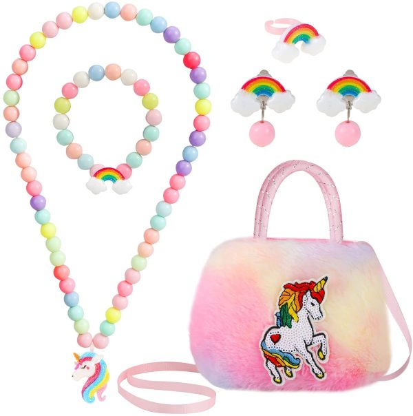 Hifot Licorne Mini Sac à Main avec Bijoux Enfants, Couleur Licorne Bracelet Boucles d'oreilles Bague Colliers Princesse Parure Bijoux Fille Jeu d'habillage Accessoire – Image 4