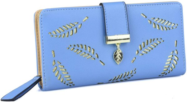 Femme Portefeuille Bourse Portefeuille en Cuir PU avec Pendentif Feuille 12 Fentes pour Cartes Pièces Billets Organisateur pour Femmes Bleu – Image 6